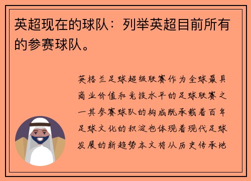 英超现在的球队：列举英超目前所有的参赛球队。